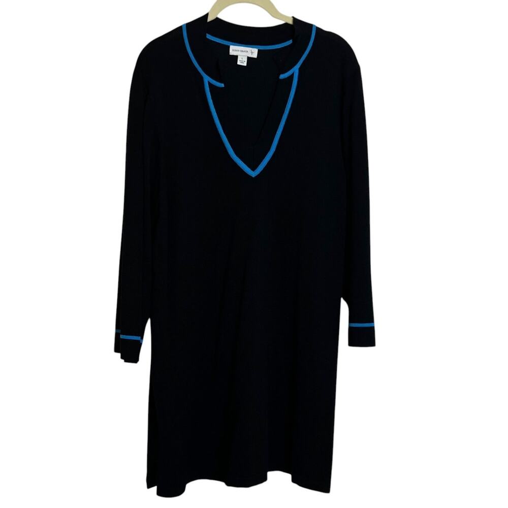 Susan Graver Womens Tunic Sweater Large Navy Blue Bright Blue Trim V-Neck Knit